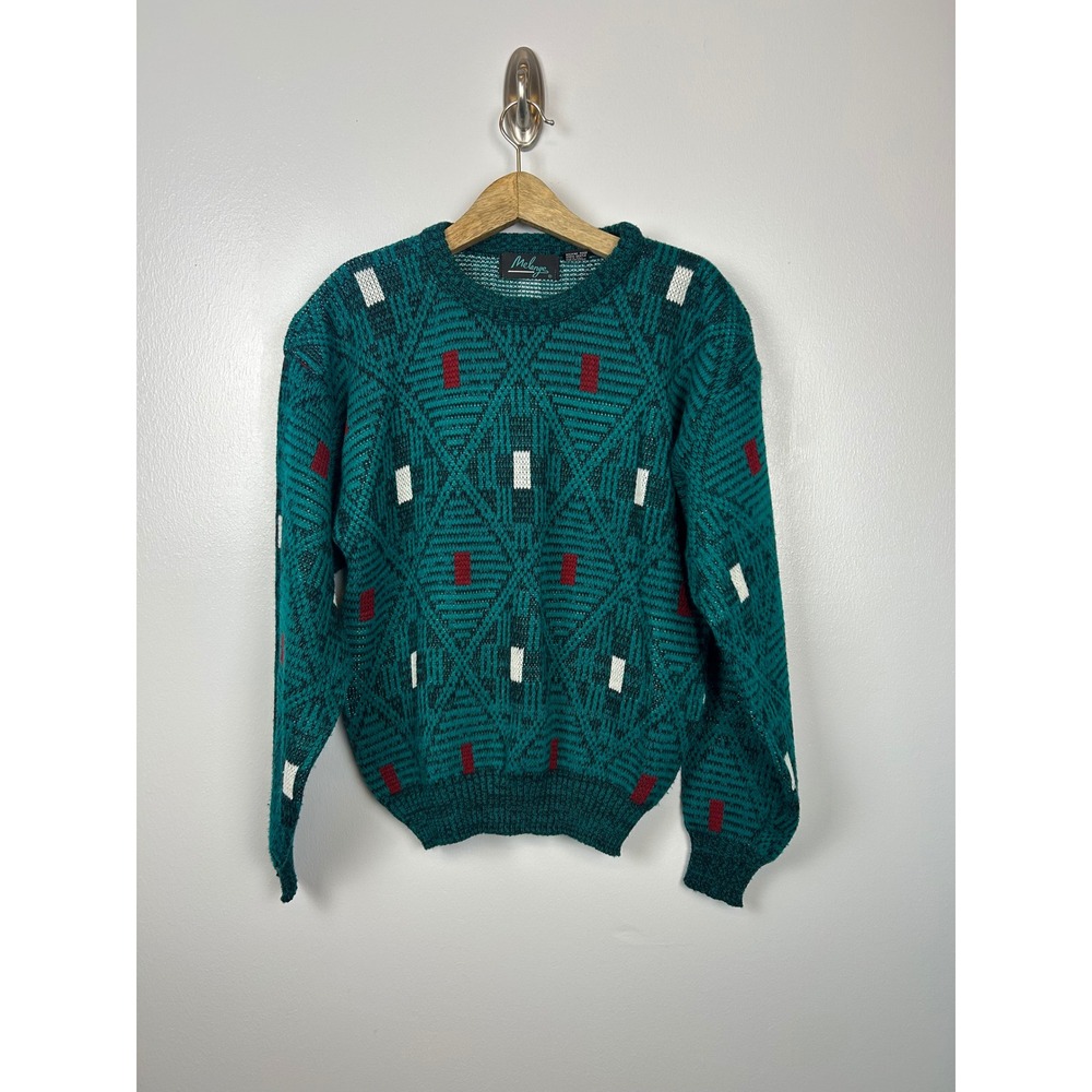 80s Melange Vintage Teal Blue Geometric Knit Sweater Size‎ Small Jumper Ski